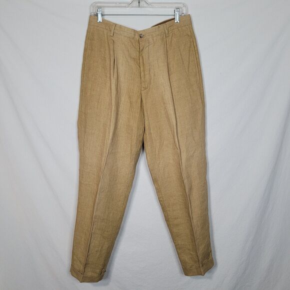 Romeo Gigli 100% Linen Vintage 90s Mens Tan Pants Italy Tag 48x32 Measures 32x28 - Picture 1 of 11